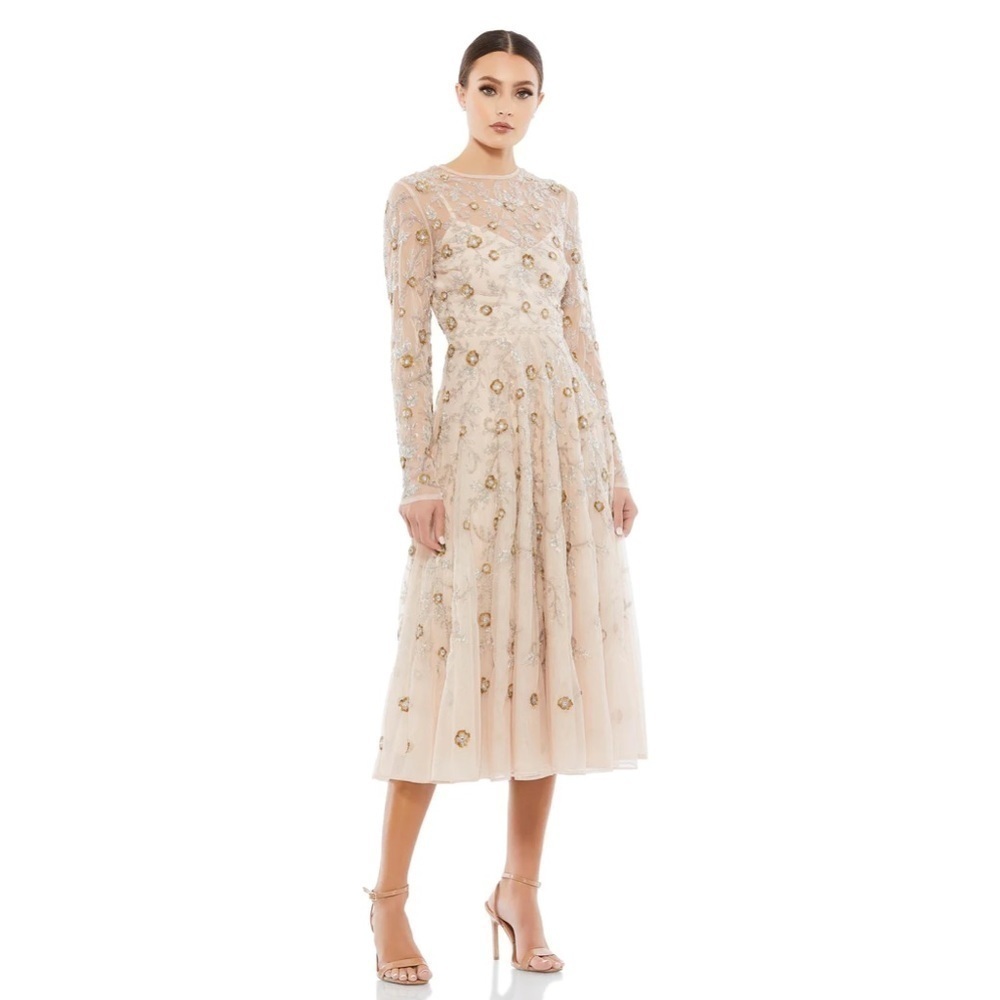 Mac Duggal NWT 10799 BEADED ILLUSION HIGH NECK LONG SLEEVE A LINE GO…